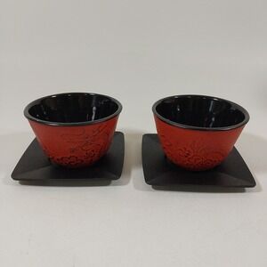 Set of 2 Teavana Dragon Cast Iron Tea Cups and Saucers Japan